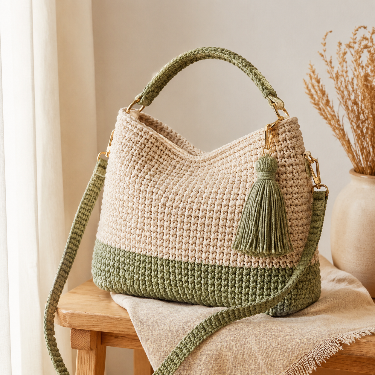 Bolsa artesanal em crochê creme e verde